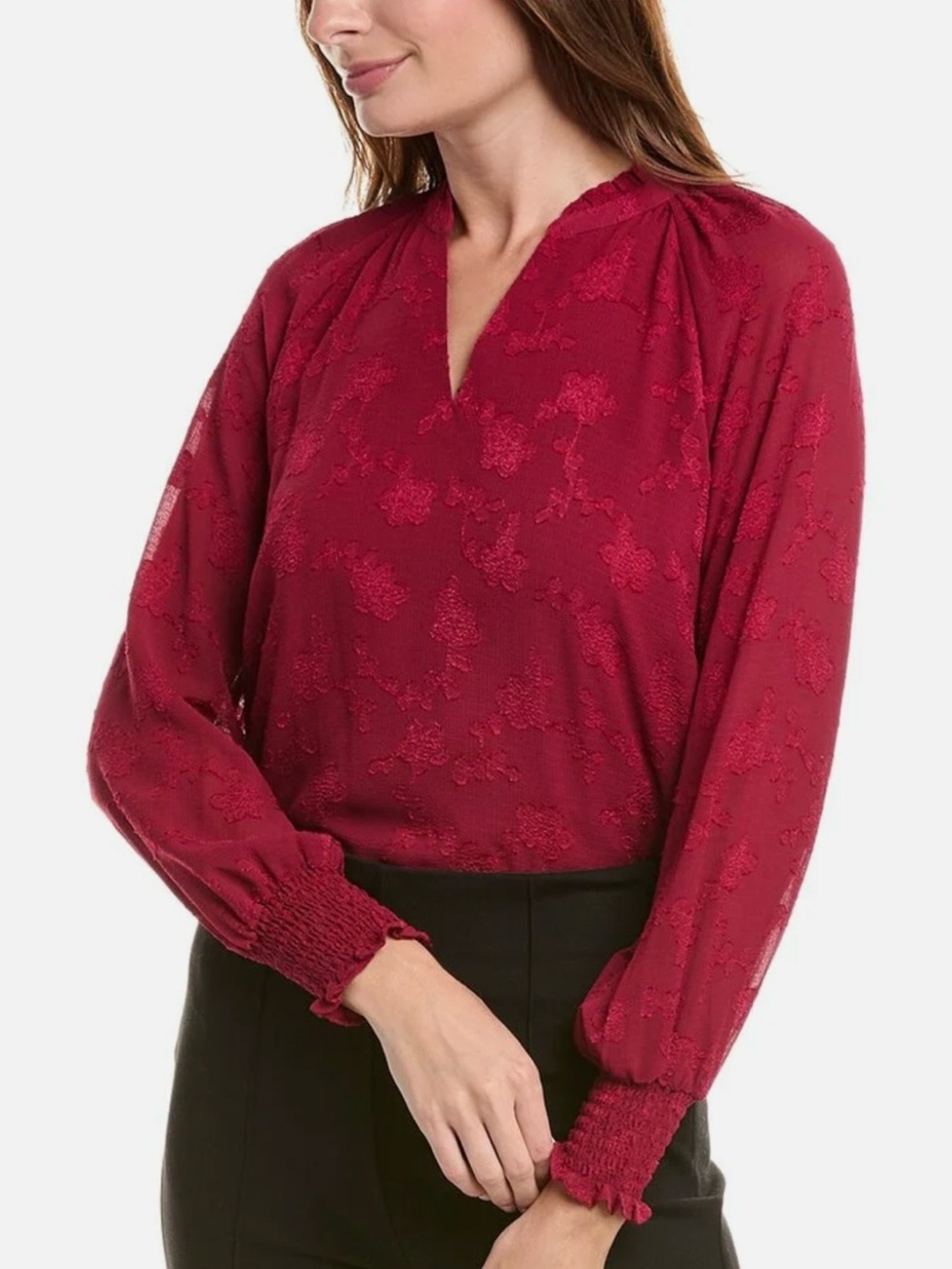 Nanette Lepore Burgundy Textured V-Neck Blouse